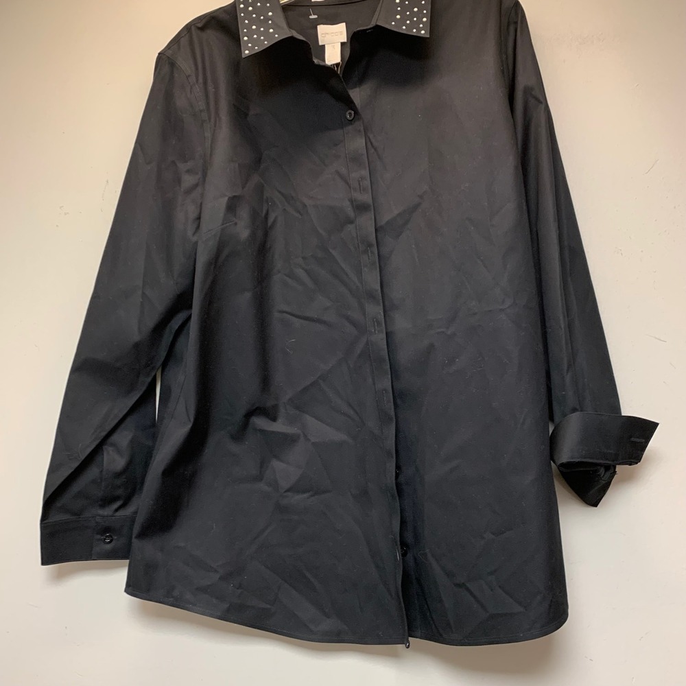 Chico's Button Down Shirt Womens 3 Black Excellent Studded Collar Cotton 15150